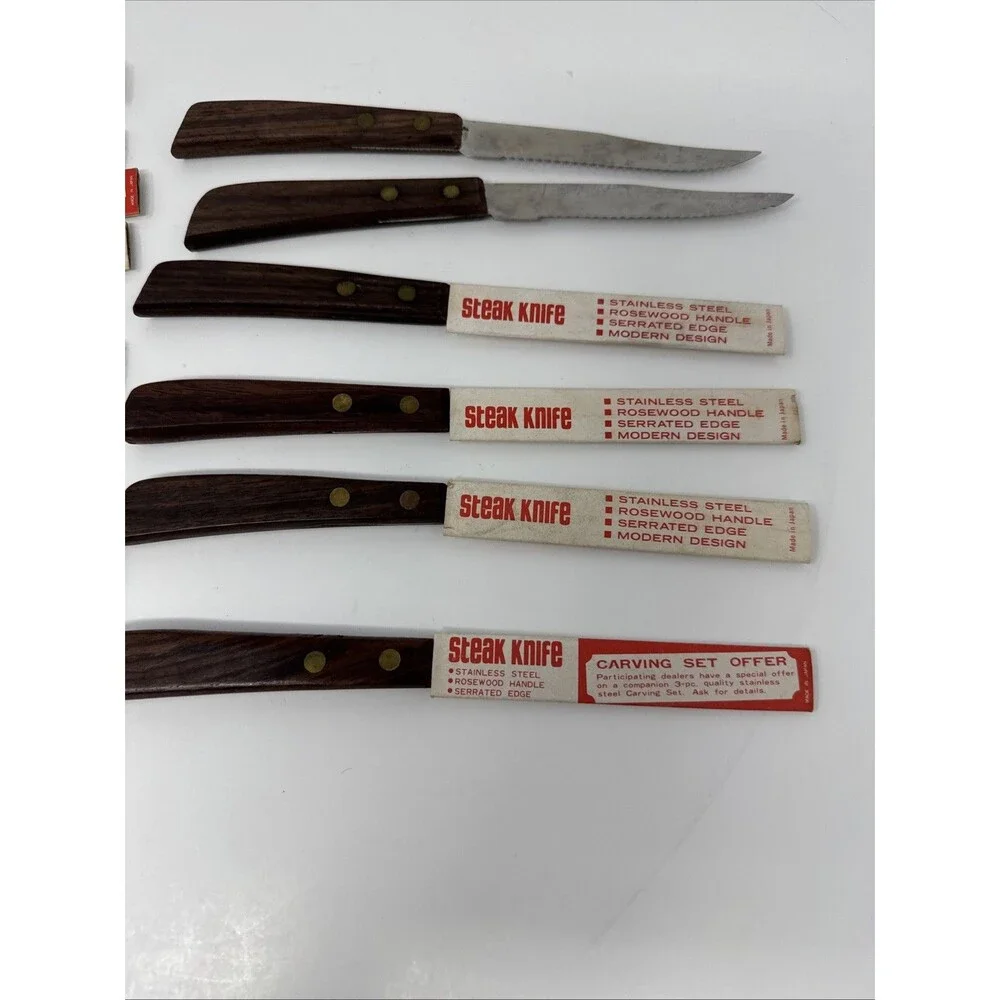 Vintage Quikut 15pc Wood Brown Handle Serrated Blade Steak Knife Set LOT OF 15
